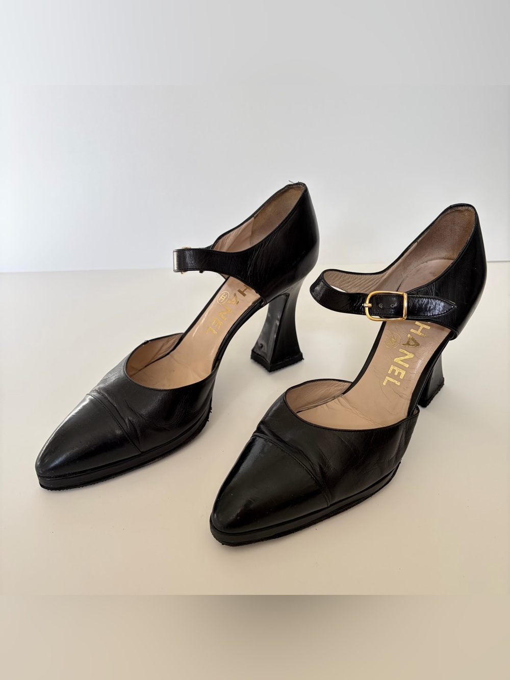 CHANEL Vintage Black Leather Platform Mary Jane Heels with Gold Buckle Accent